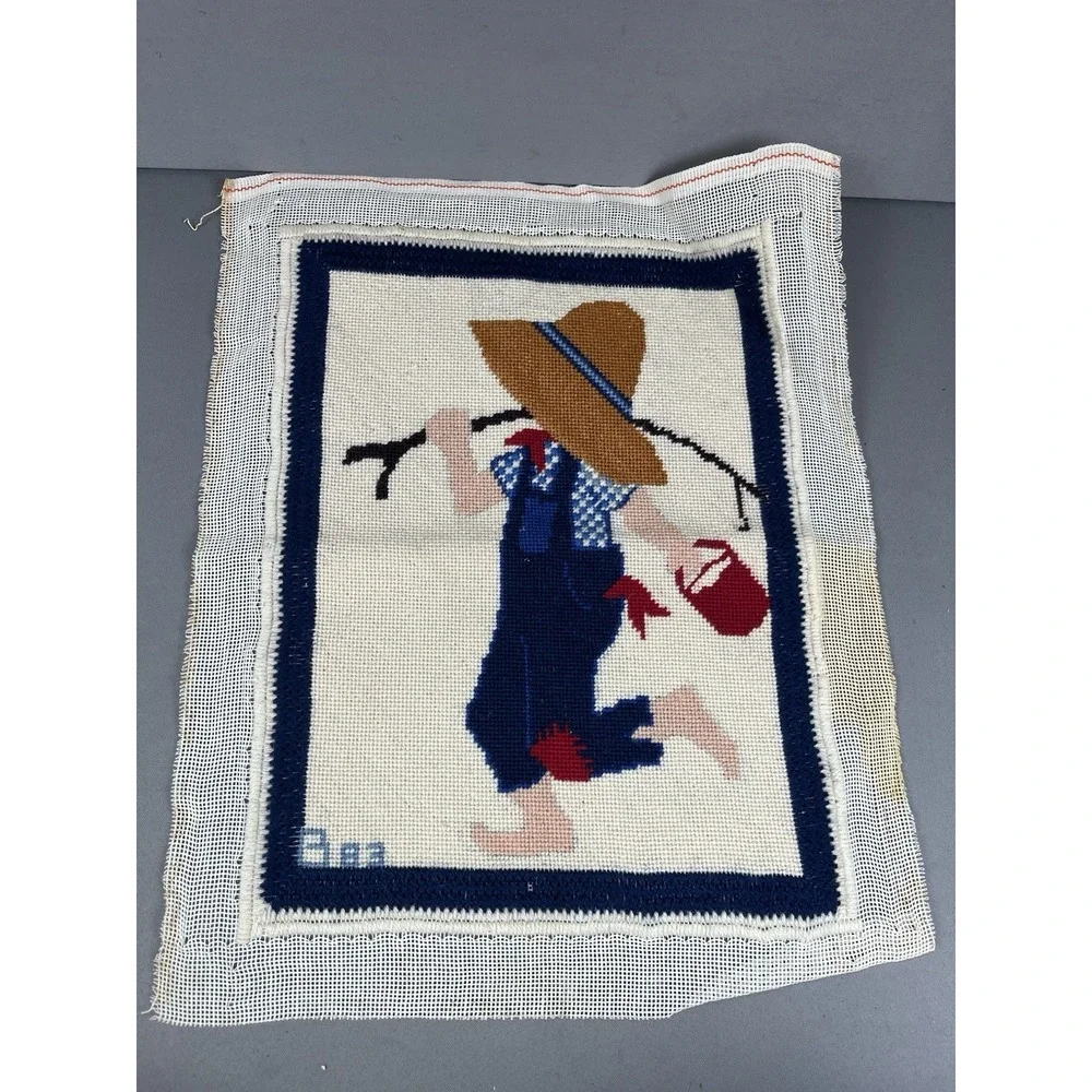 Vintage Completed Needlepoint Canvas Boy With Hat Gone Fishing 11.5